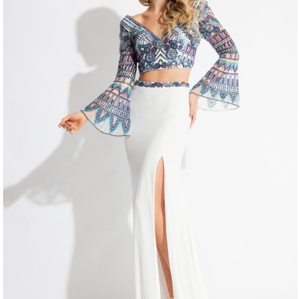 Rachel Allan 2 piece long prom dress with bell sleeves